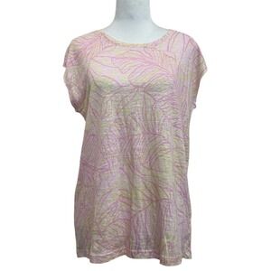 Tahari 100% Linen Light Pink & Yellow Short Sleeve Button Back Top